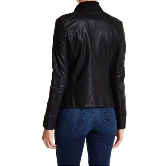 Blank NYC Drape Front Open Waterfall Faux Vegan Leather Knit Moto Jacket Size S - Picture 2 of 10